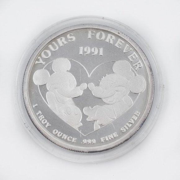 Disney Yours Forever 1991 10z Silver Mickey and Minnie Mouse Coin - Picture 1 of 2